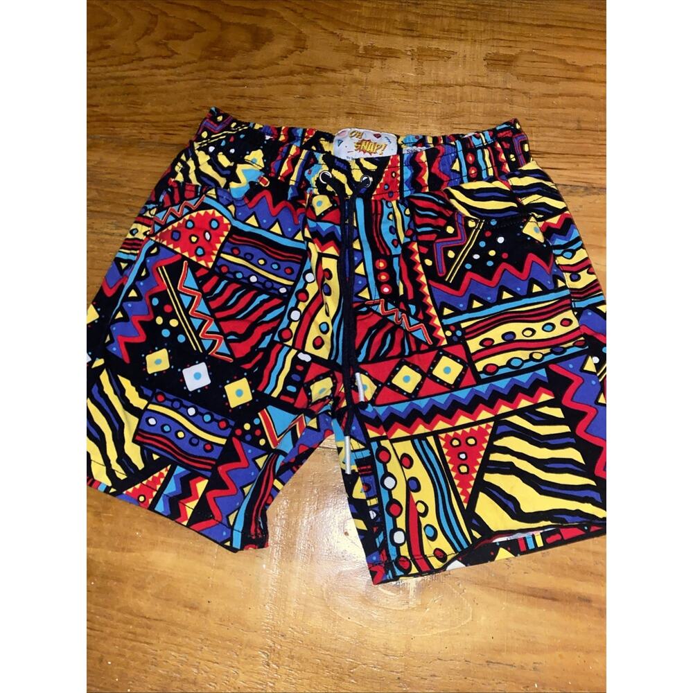OH SNAP! Men Retro 90s Geometric Print Shorts Stretch Twill Black Colorful Med